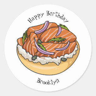 Salmon bagel cartoon illustration classic round sticker