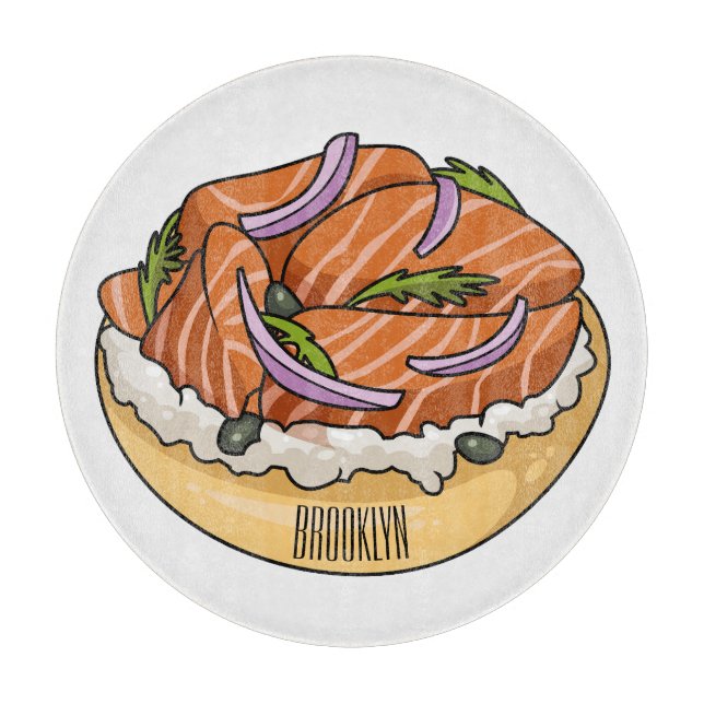 Salmon bagel cartoon illustration  cutting board (Front)