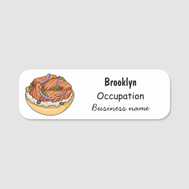 Salmon bagel cartoon illustration name tag (Front)
