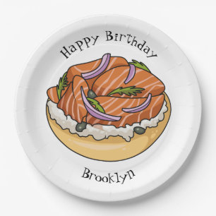 Salmon bagel cartoon illustration paper plate