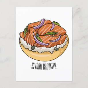 Salmon bagel cartoon illustration  postcard