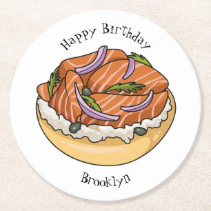 Salmon bagel cartoon illustration round paper coaster