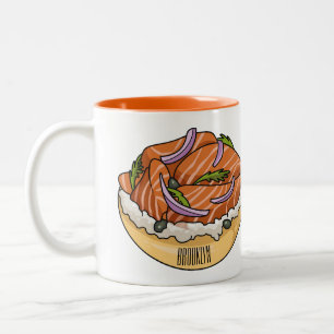 Salmon bagel cartoon illustration Two-Tone coffee mug