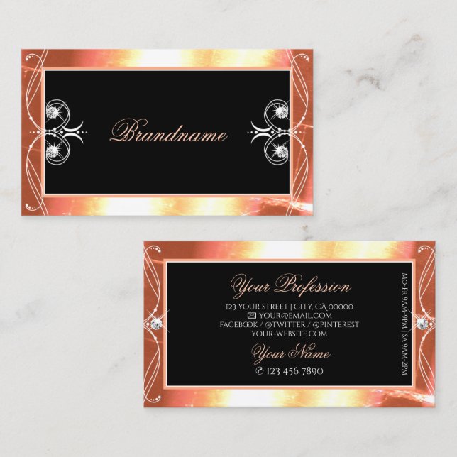 Salmon Black Sparkling Diamonds Decorative Ornate Business Card (Front/Back)