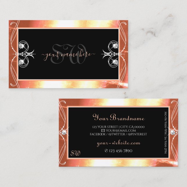 Salmon Black Sparkling Diamonds Initials Ornate Business Card (Front/Back)