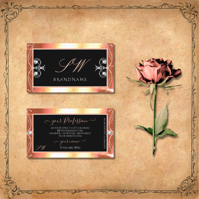 Salmon Black Sparkling Diamonds Monogram Ornate Business Card (Creator Uploaded)