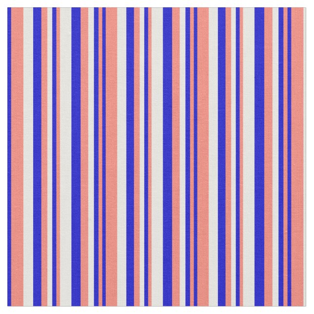 Salmon, Blue, and White Coloured Striped Pattern Fabric (Close Up)
