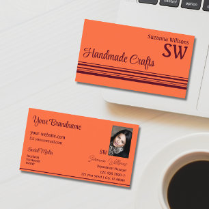 Salmon Burgundy Stripes with Monogram and Photo Business Card