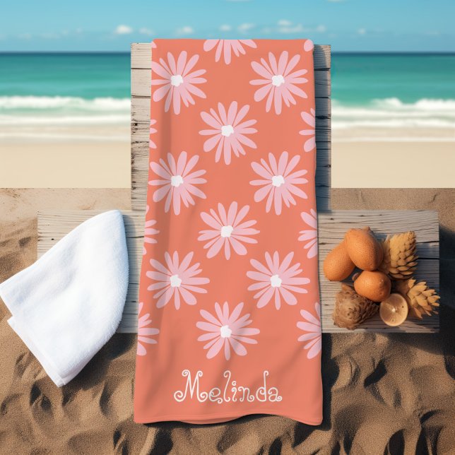 Salmon Colour BOHO Daisy Pattern Custom Name Beach Towel (Creator Uploaded)