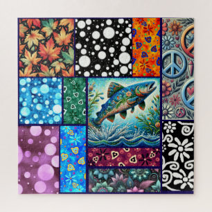 Salmon Crazy Quilt Floral Whimsical Colorful Jigsaw Puzzle