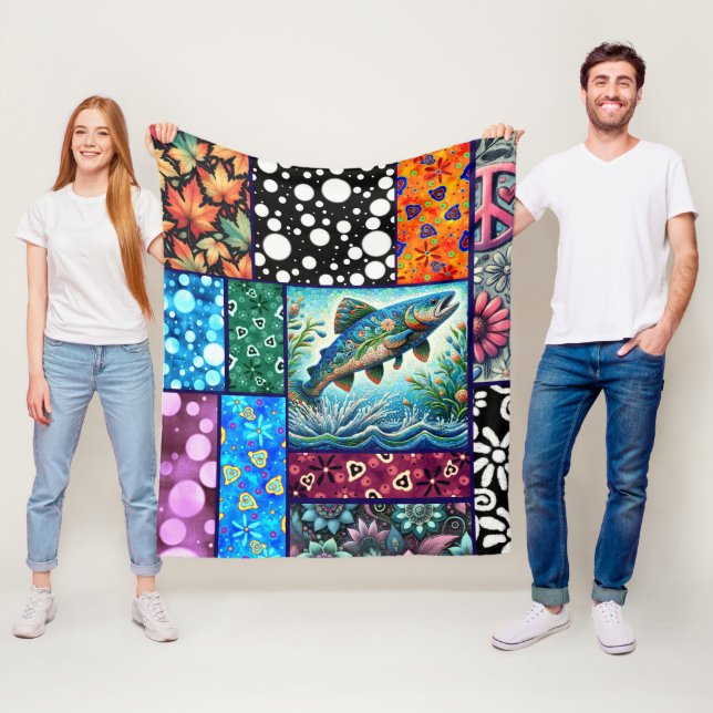 Salmon Crazy Quilt Floral Whimsical Colourful Fleece Blanket (In Situ)