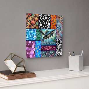 Salmon Crazy Quilt Floral Whimsical Colourful Square Wall Clock