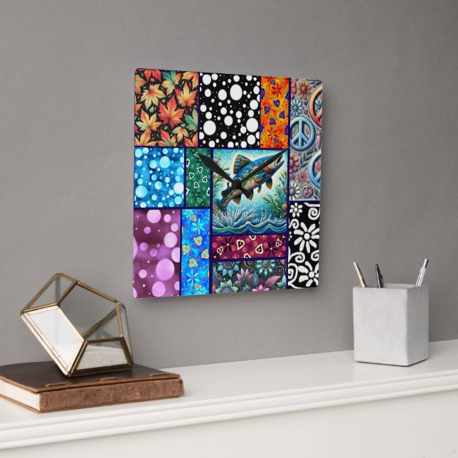 Salmon Crazy Quilt Floral Whimsical Colourful Square Wall Clock (Office)
