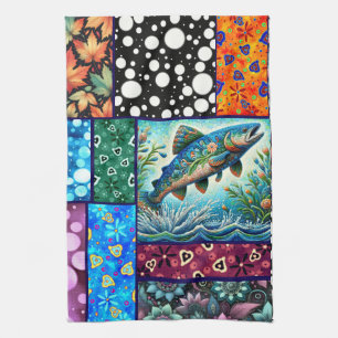 Salmon Crazy Quilt Floral Whimsical Colourful Tea Towel