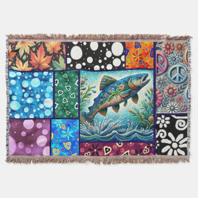 Salmon Crazy Quilt Floral Whimsical Colourful Throw Blanket (Front)