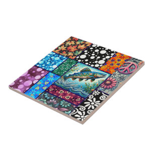 Salmon Crazy Quilt Floral Whimsical Colourful Tile