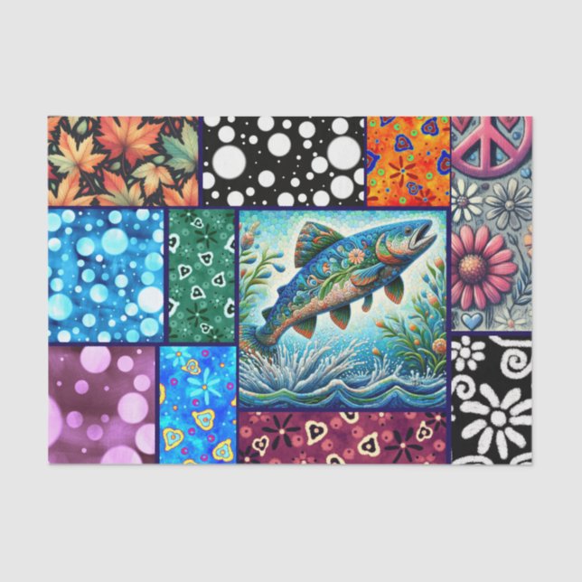 Salmon Crazy Quilt Floral Whimsical Decoupage Tissue Paper (Front)