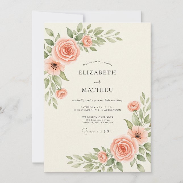 Salmon Elegant Botanical Wedding Invitation (Front)