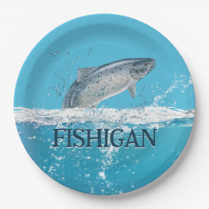 Salmon Fish In Water With Michigan Text Paper Plate
