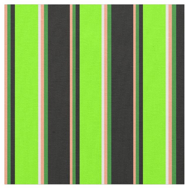 Salmon, Forest Green, Black, Chartreuse & White Fabric (Close Up)