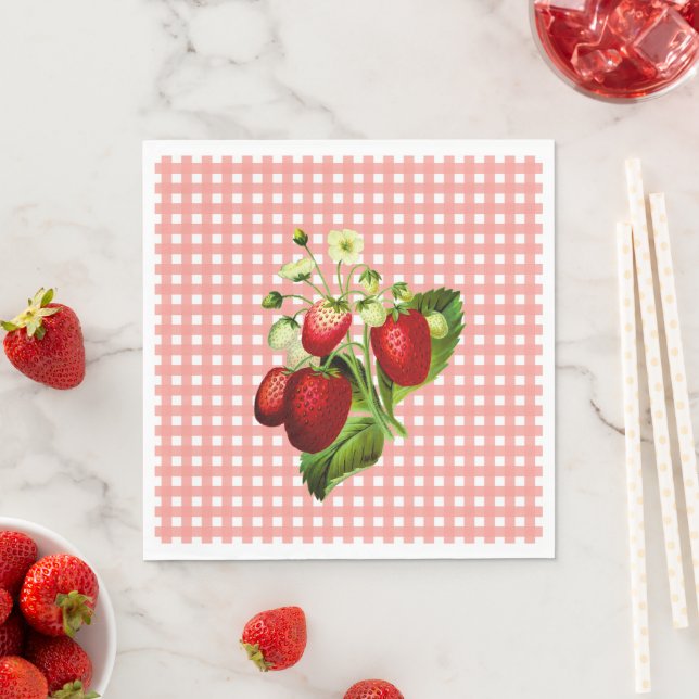 Salmon Gingham & Strawberries Lunch Paper Napkin (Insitu)