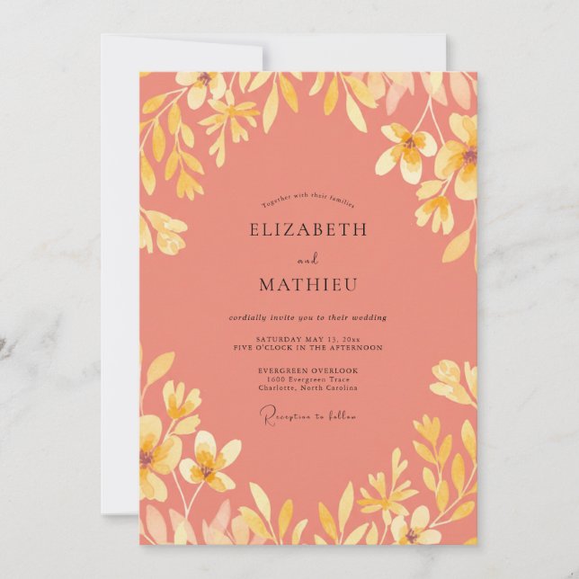 Salmon Gold Leaf Wedding Invitation (Front)