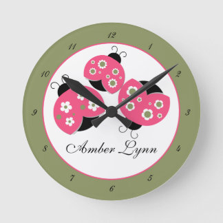 Salmon & Green Ladybugs Round Clock