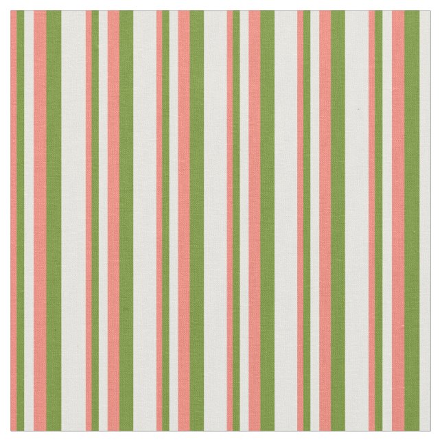 Salmon, Green & White Coloured Pattern of Stripes Fabric (Close Up)