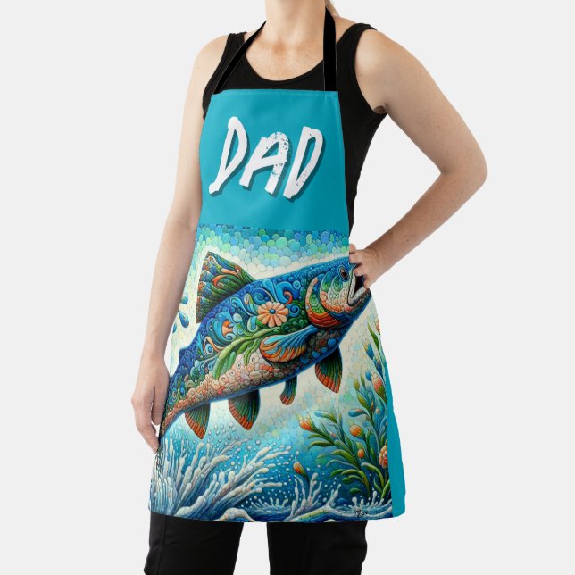 Salmon Jumping Mosaic Floral Blue Green Peach Apron (Insitu)