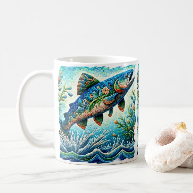 Salmon Jumping Mosaic Floral Blue Green Peach Coffee Mug (With Donut)