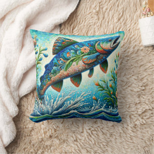 Salmon Jumping Mosaic Floral Blue Green Peach Cushion