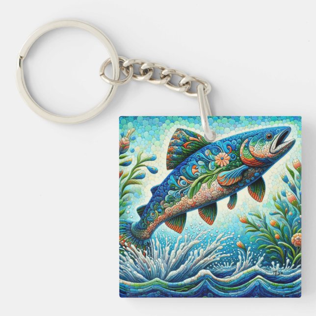 Salmon Jumping Mosaic Floral Blue Green Peach Key Ring (Front)