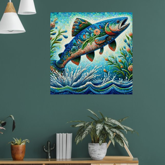 Salmon Jumping Mosaic Floral Blue Green Peach Poster (Living Room 1)