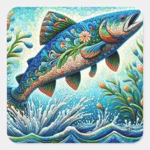 Salmon Jumping Mosaic Floral Blue Green Peach Square Sticker