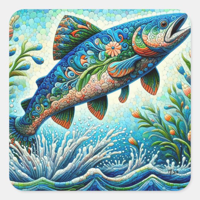Salmon Jumping Mosaic Floral Blue Green Peach Square Sticker (Front)