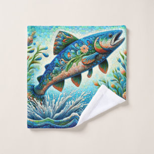 Salmon Jumping Mosaic Floral Blue Green Peach Wash Cloth
