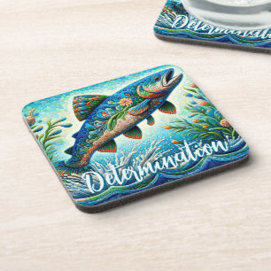 Salmon Jumping Mosaic Floral Blue Personalised Coaster