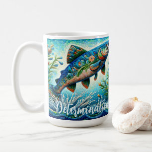 Salmon Jumping Mosaic Floral Blue Personalised Coffee Mug