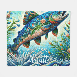 Salmon Jumping Mosaic Floral Blue Personalised Fleece Blanket