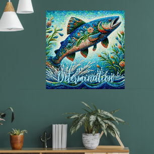 Salmon Jumping Mosaic Floral Blue Personalised Poster