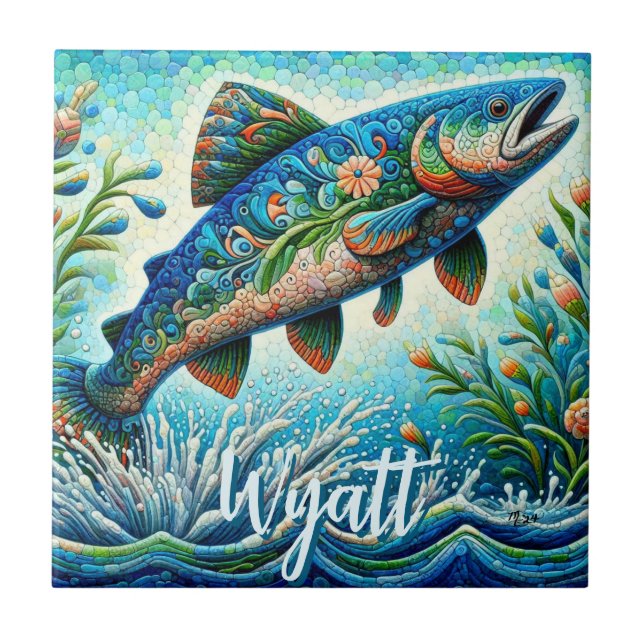 Salmon Jumping Mosaic Floral Blue Personalised Tile (Front)