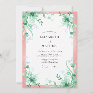 Salmon Mint Leafy Wedding Invitation