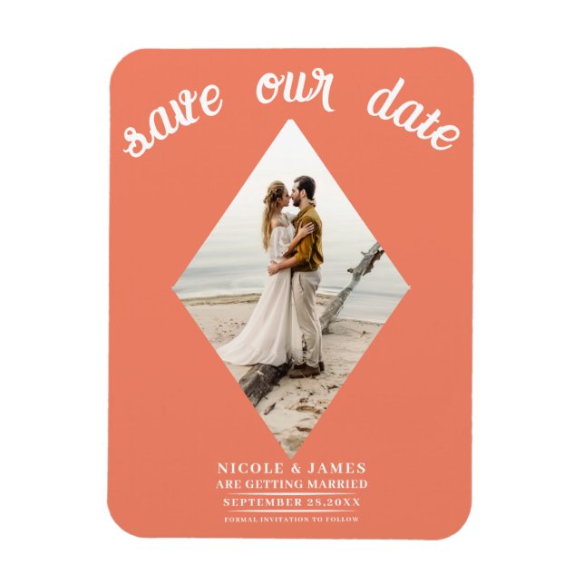 Salmon Orange Diamond Photo Wedding Save the Date Magnet (Vertical)