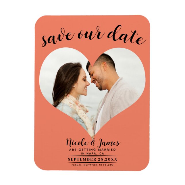 Salmon Orange Heart Photo Wedding Save the Date Magnet (Vertical)