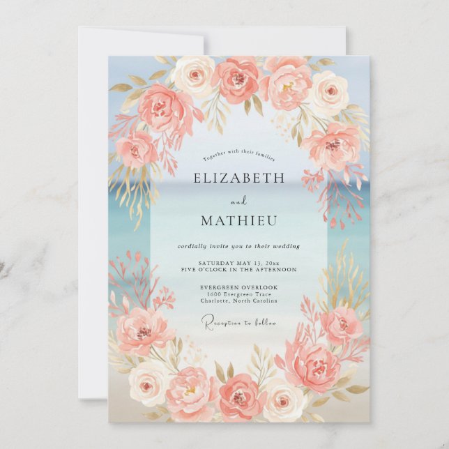 Salmon Peony Painted Wedding Invitation (Front)