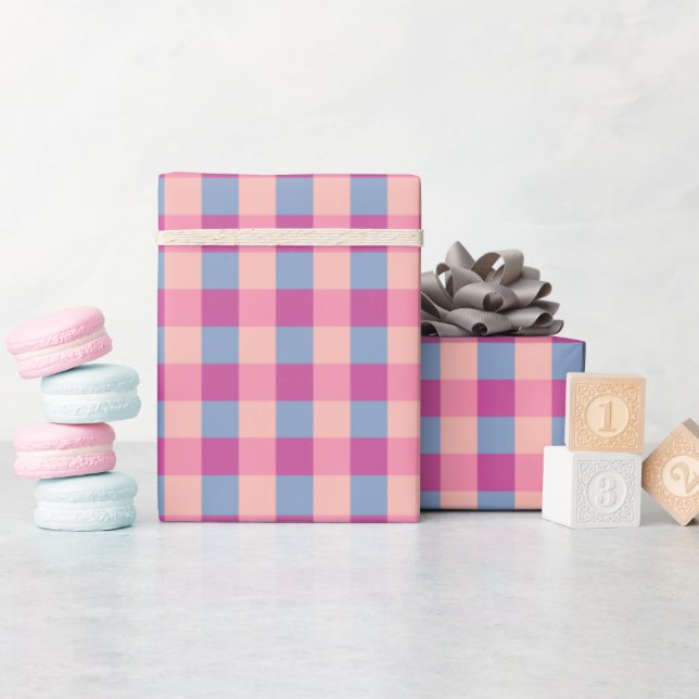 Salmon Periwinkle And Magenta Gingham Wrapping Paper (Baby Shower)