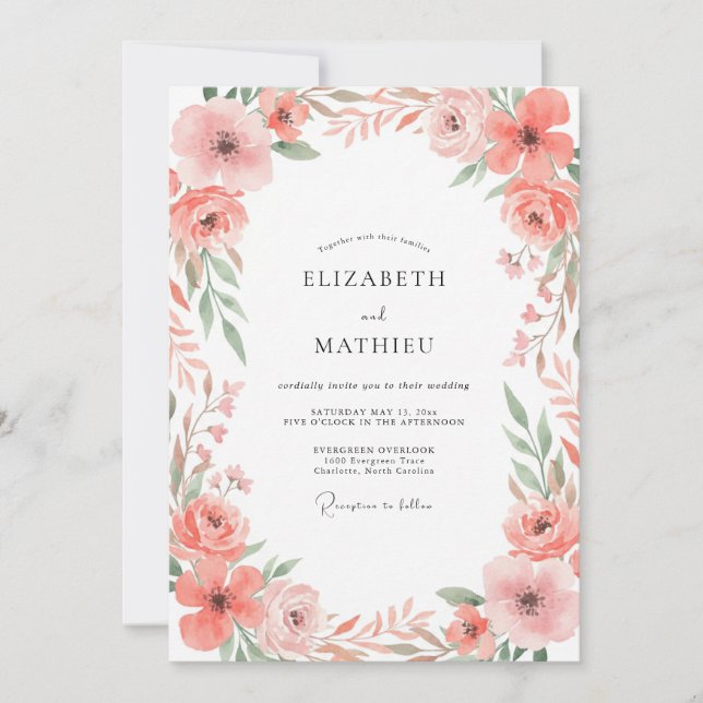 Salmon Petal Foliage Wedding Invitation (Front)