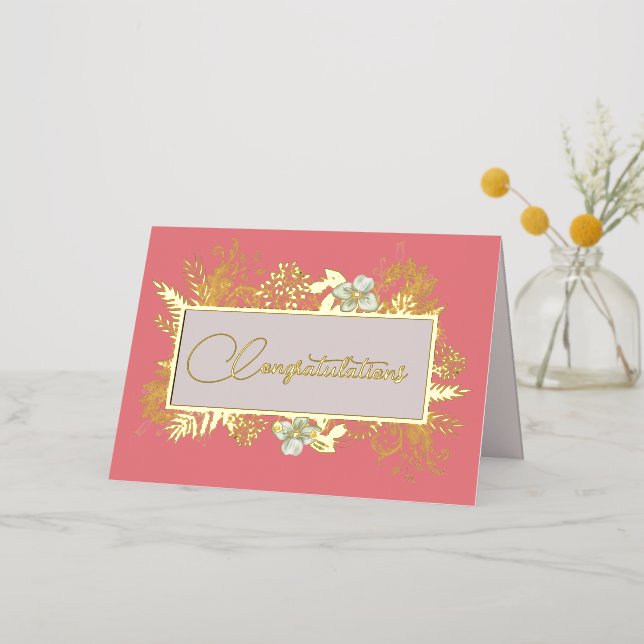 Salmon Pink and Gold Floral Wedding  Foil Greeting Card (Gold Flower)