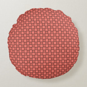 Salmon Pink Black Chequerboard Pattern Round Cushion