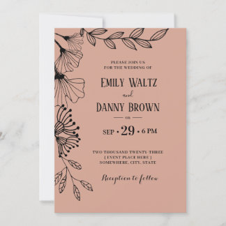 Salmon Pink Botanical Simple Doodle Floral Wedding Invitation